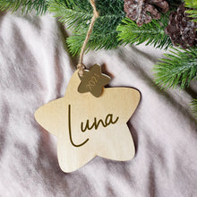 Load image into Gallery viewer, Wooden Star with Gold 2021 Star Decoration - Add a name
