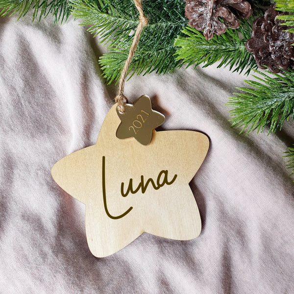 Wooden Star with Gold 2021 Star Decoration - Add a name