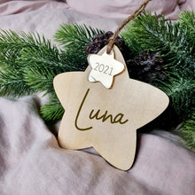 Load image into Gallery viewer, Wooden Star with Gold 2021 Star Decoration - Add a name
